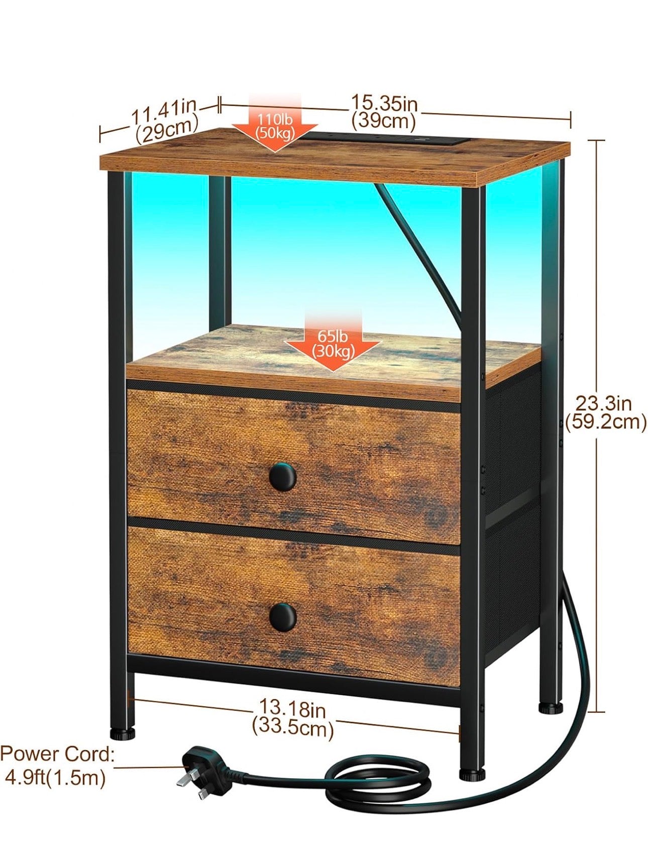 Bedside Tables Set of 2, Side Table with Charging Station
Bed Side Tables with LED Light, Nightstand with 2 Fabric Drawers and Open Storage Shelf, Bedside Cabinets for Bedroom, Brown