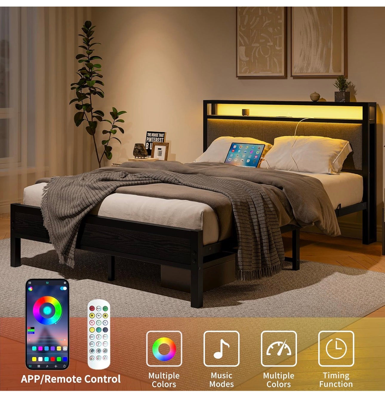 5FT King Size Bed Frame with LED Lights and Charging Station, Heavy Duty Metal Platform Upholstered King Bed frame with Storage Fabric Headboard,Metal Slats Support,Mattress Foundation (Black)