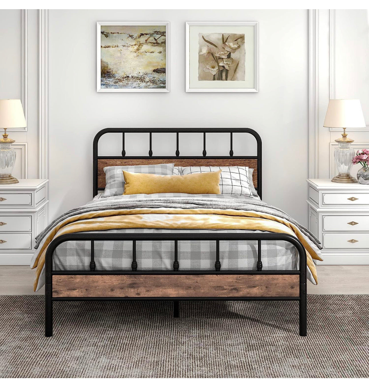 Double Size Metal Bed Frame with Wood Headboard