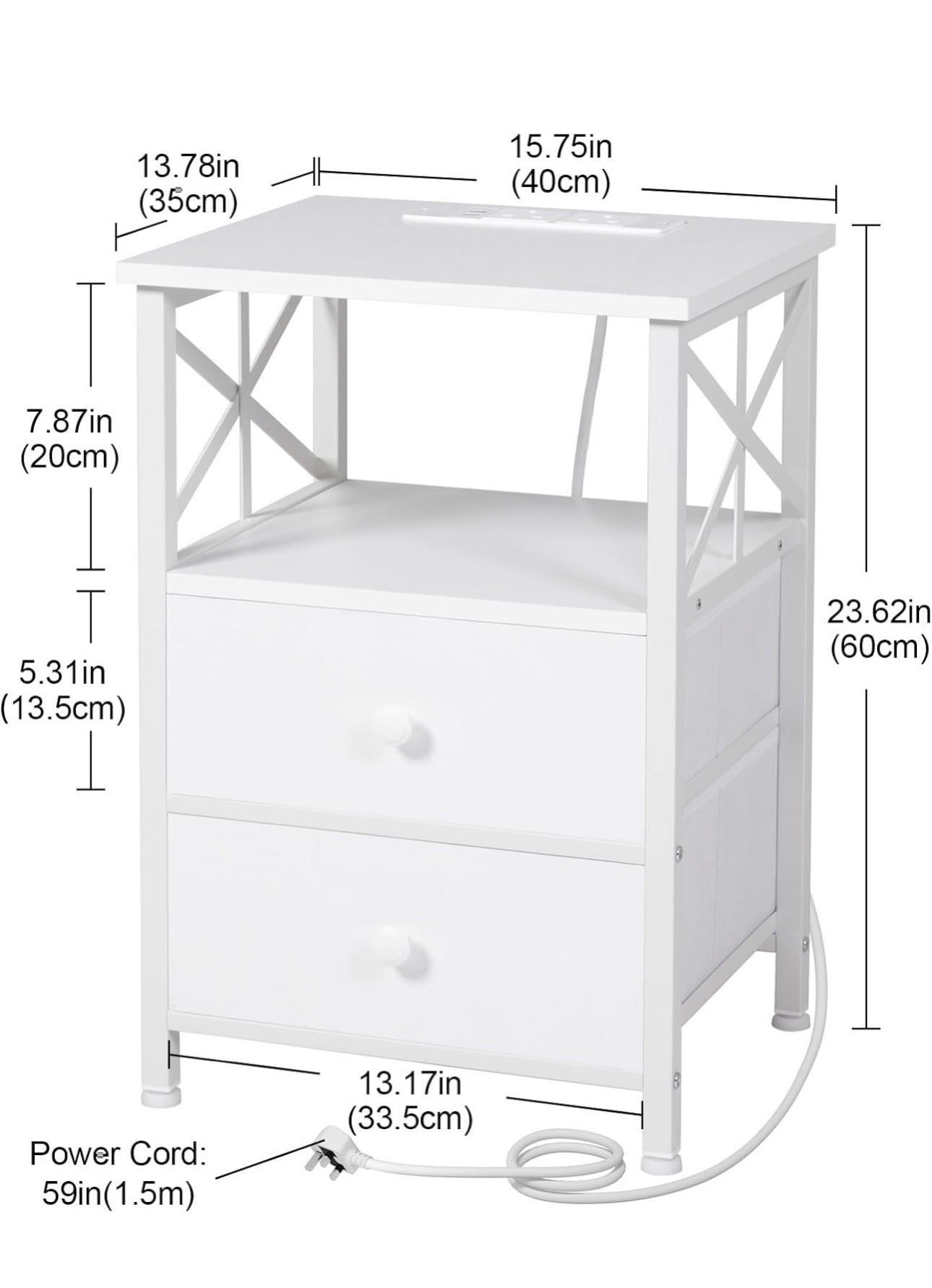 Bedside Table Set of 2, Side Table with Charging Station and Led Lights, Bedside Cabinet with 2 Fabric Storage Drawers, Sofa Side Table, Nightstand for Living Room, Bedroom, White