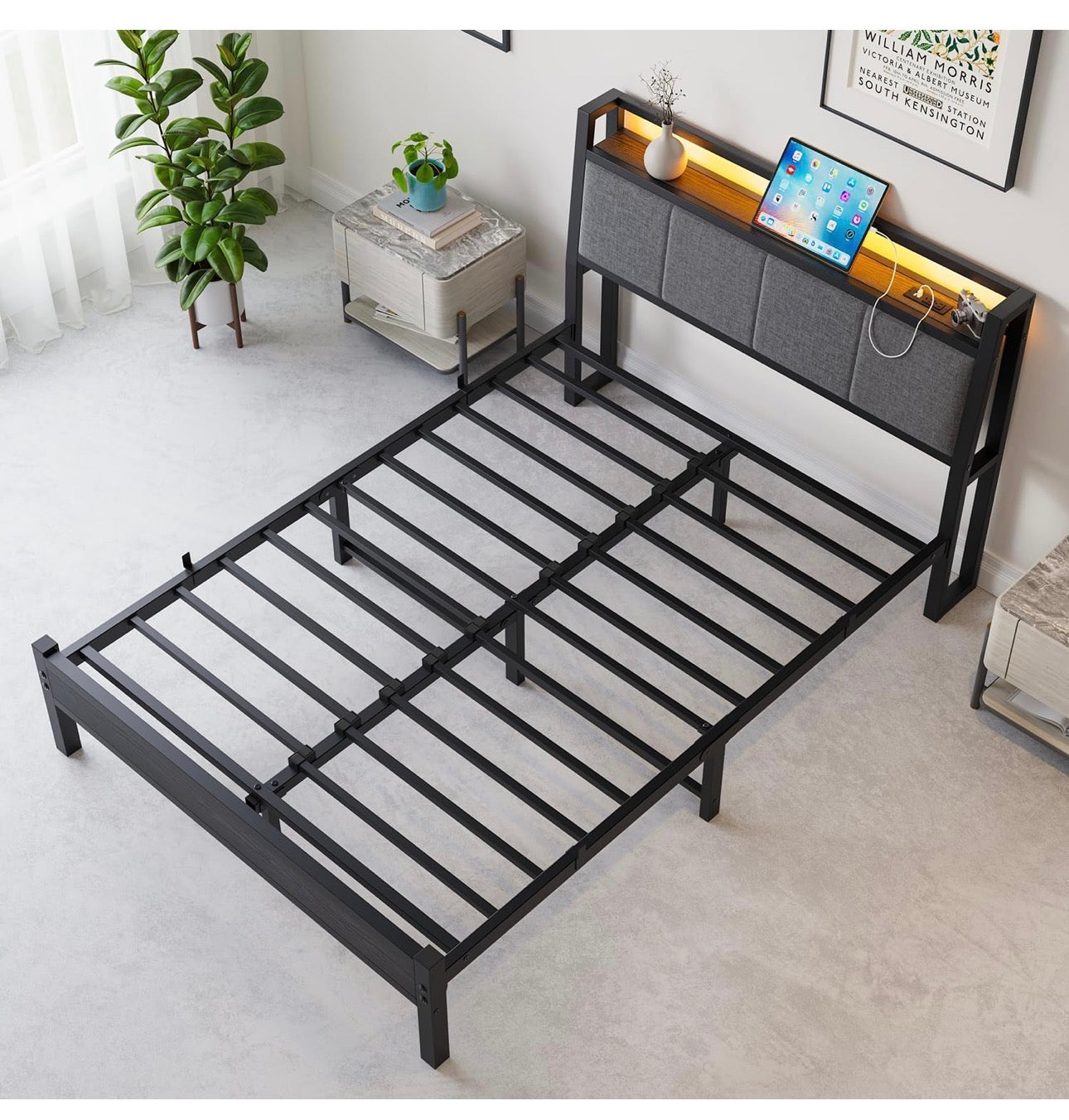 Bed Frame, 4FT6 Bed Frame Ergonomics Double with Charging Station and LED Lights, Heavy Duty Platform Full Bed with Fabric Storage Sloped Headboard, No Box Spring Needed, (Black)