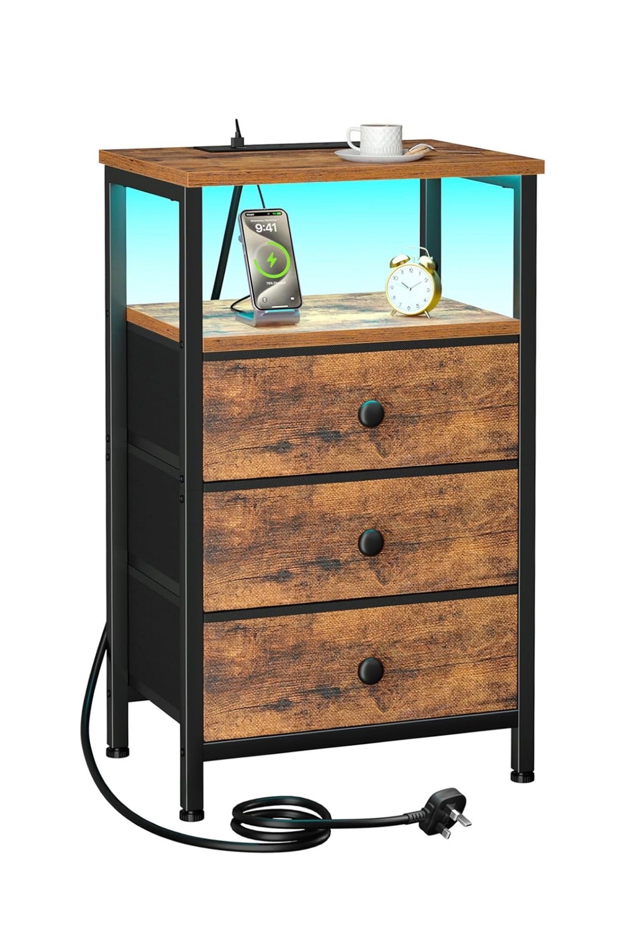 Bedside Table with Charging Station, Side Table with 3 Drawers
Bedside Cabinet with LED Light and Open Storage Shelf, Sofa Table, Night Stand for Living Room, Bedroom,Brown