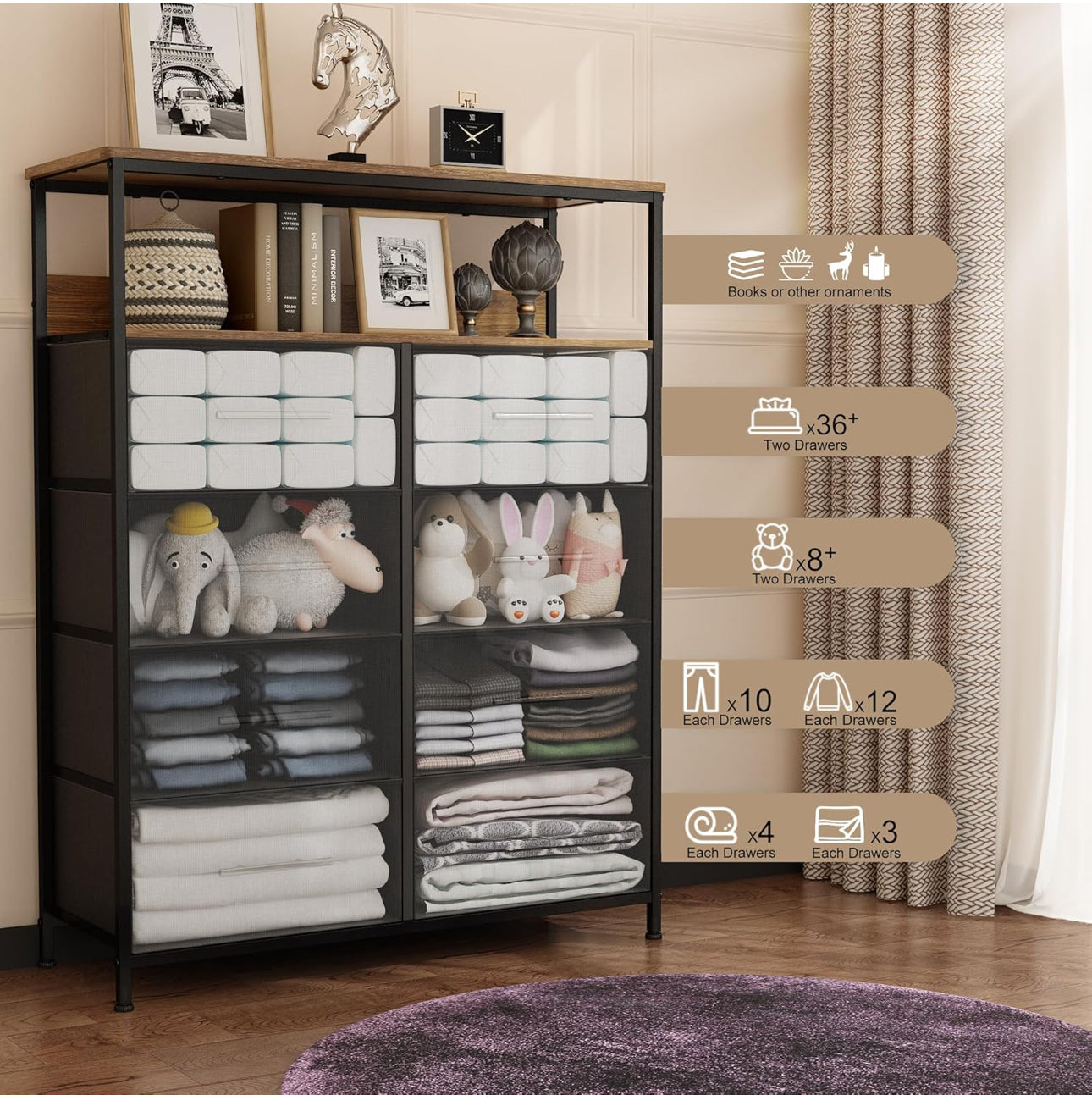 Chest of Drawers, Dresser for Bedroom with 8 Fabric Drawers
