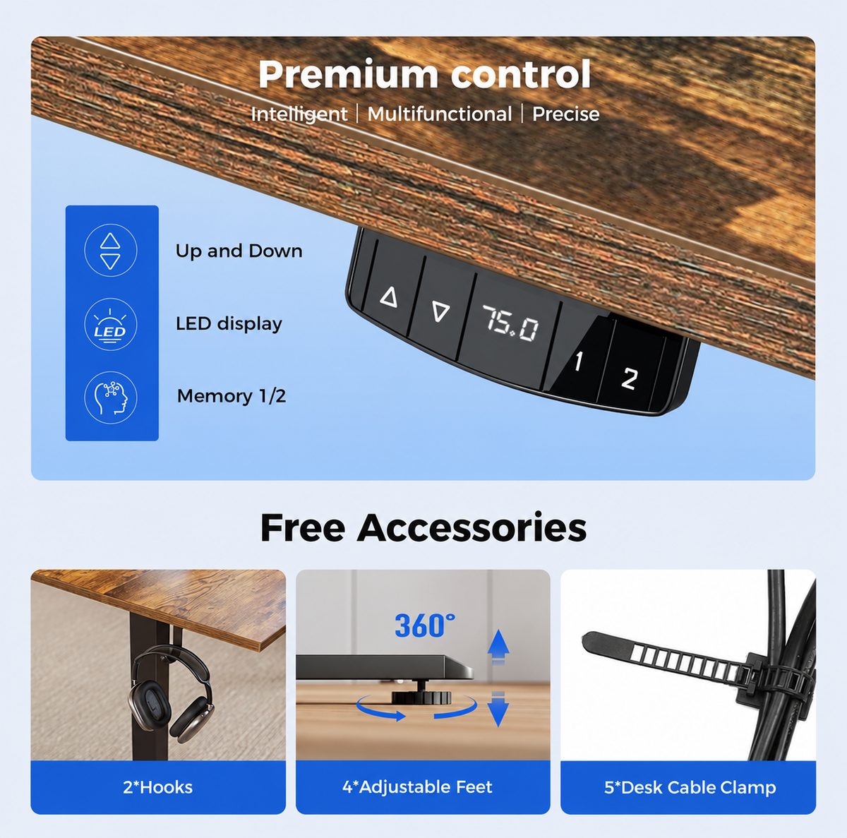 Electric Standing Desk, 2 Memory Buttons, 140x60cm
Height Adjustable Desk for smart Pannel, 72-116cm, Sit Stand Desk with 2 Hooks, Home Office Desk, 2 pcs Desktops, Brown