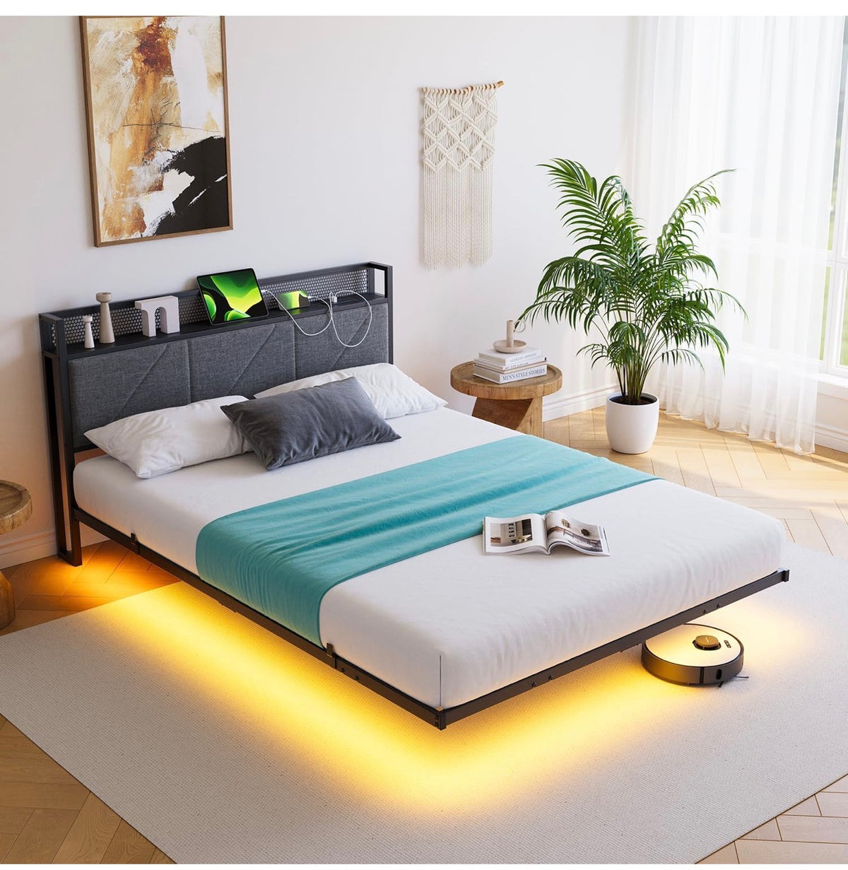 Floating Double Bed Frame with Upholstered Headboard Storage, Black
135x190cm Metal Bed Frame with LED Lights & USB Charging Station, 4ft6 Platform Bed, Heavy Duty Metal Slats, Noise Free