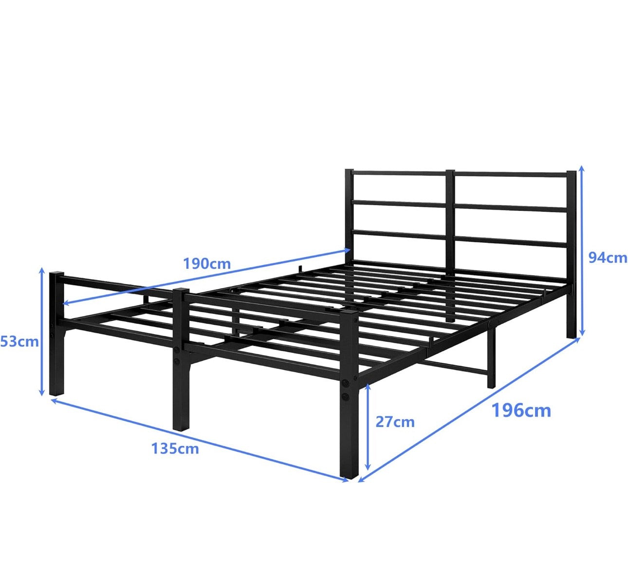 4ft6 Double Bed Frame with Headboard, Metal Slats Support Platform Bed Frames Double Bed with Storage Under Bed, Enhanced Support Stable Easy Assembly, Noise Free, No Box Spring Needed, Black