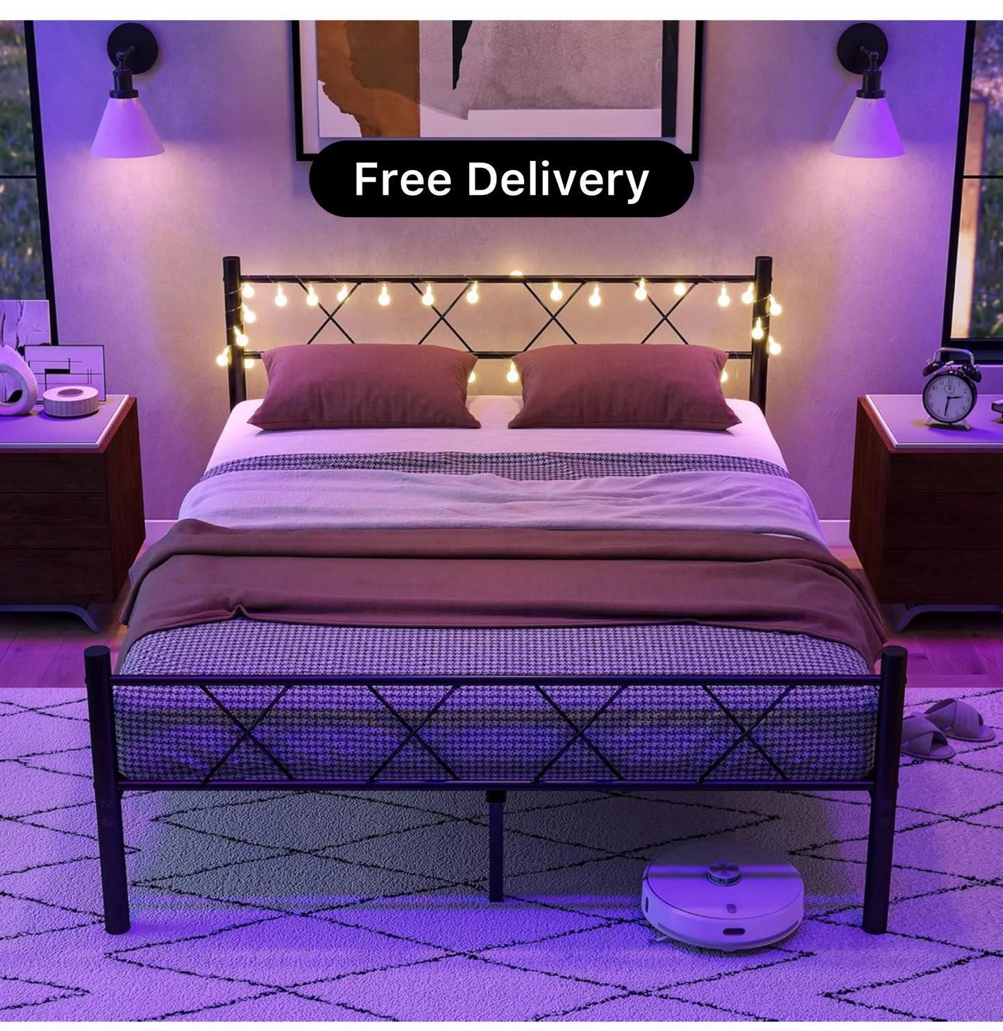 King Size Bed Frame with Headboard & lights,5ft Me