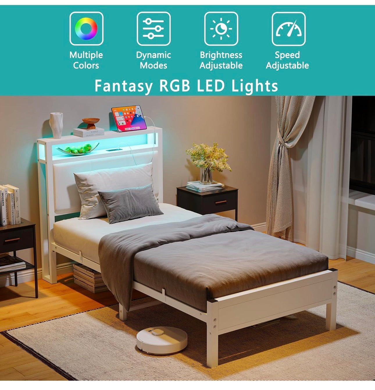 3FT Single Bed Frame with LED Lights and Charging
