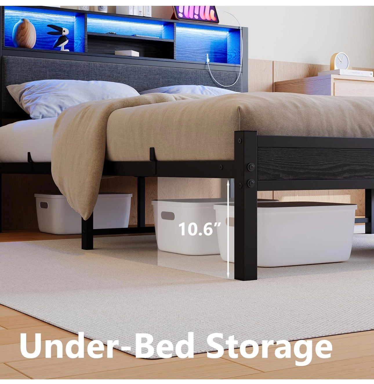 4ft6 Double Size Bed Frame with Storage Shelf Upholstered Headboard