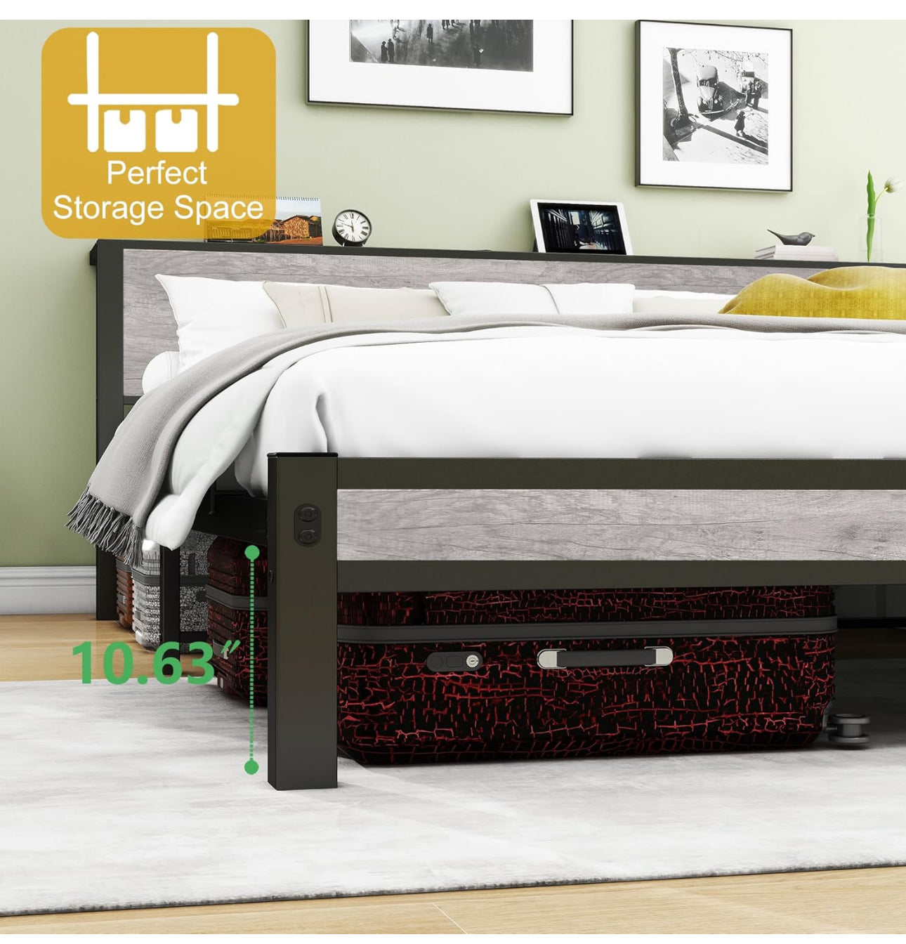 Double Bed Frames with Storage Wooden Headboard, Metal 4ft Bed.