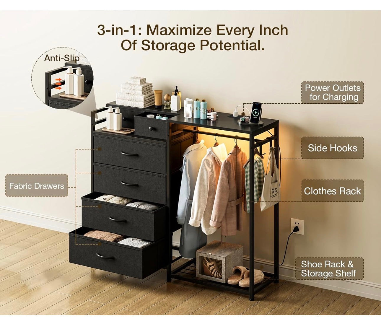Chest of Drawers Bedroom with Hanging Rail, Built-in LED Lighting and Power Socket