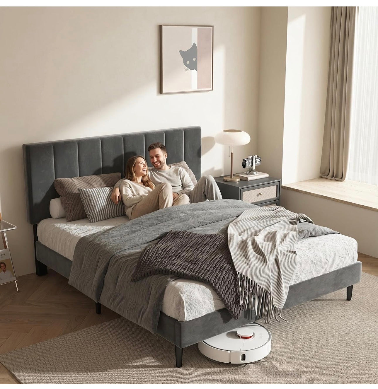 4ft Small Double Bed Frame with Velvet Upholstered Headboard, Grey
Upholstered, Solid slats Support, No Box Spring Needed, Easy Assembly,Underbed Storage,ideal for bedrooms, apartments