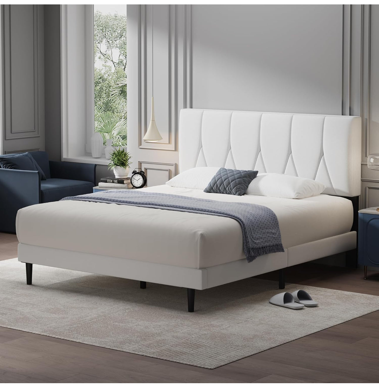 Double Bed Frame, White, Upholstered