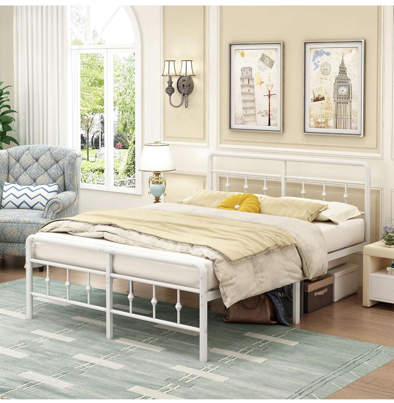 Small Double Bed Frame 4ft, White with Victorain Headboard and Footboard