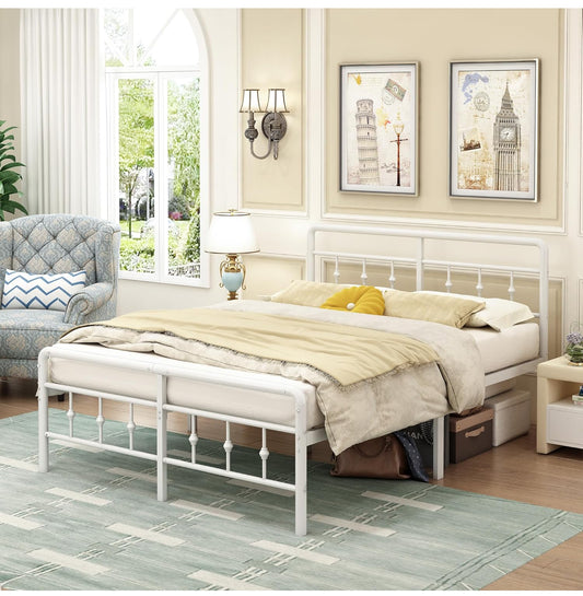 Small Double Bed Frame 4ft, White with Victorain Headboard and Footboard