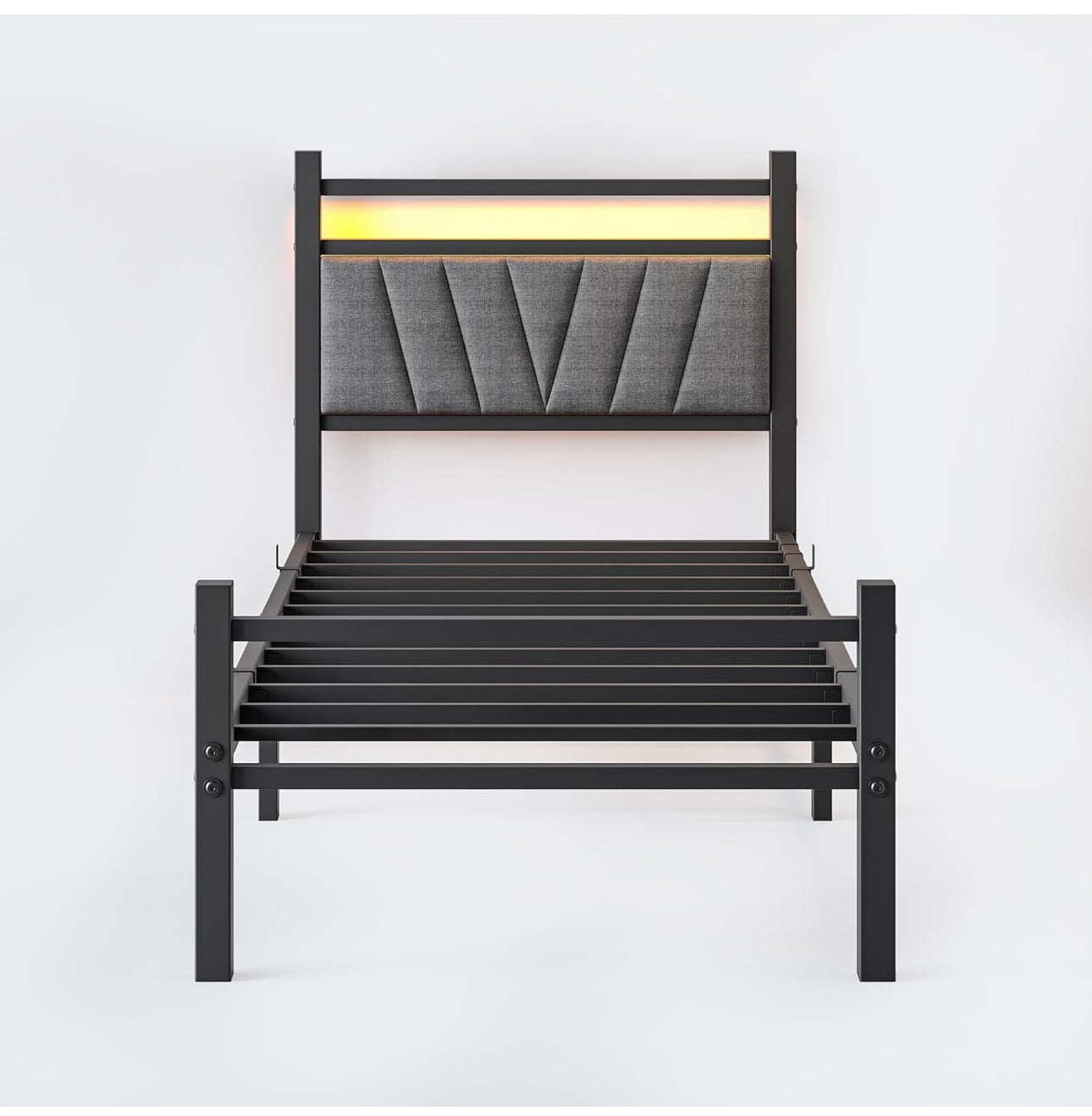3FT Single Bed Frame, Metal Platform Upholstered Bed frame with Headboard and USB Charging