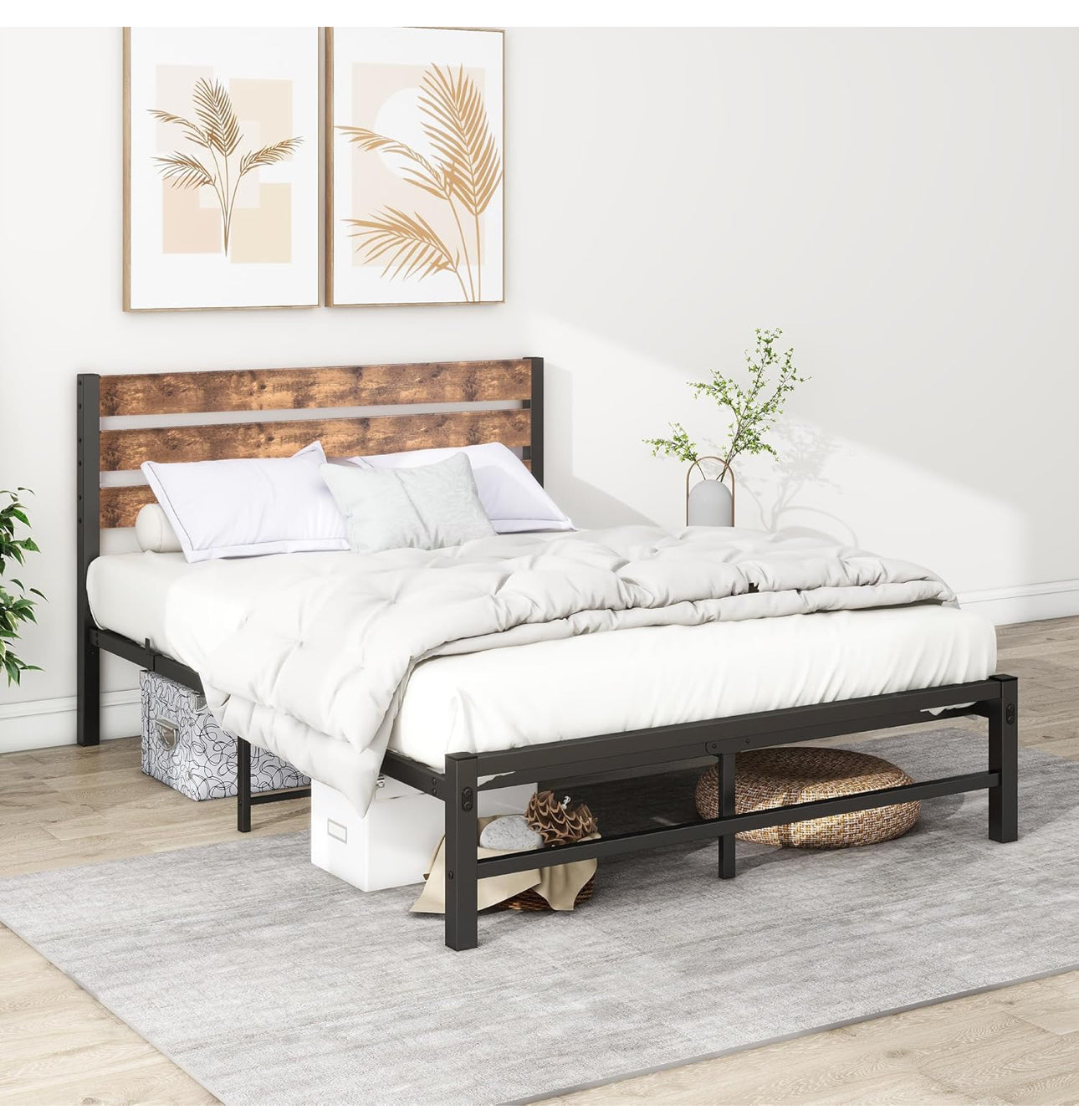 Double Bed Frame with Wood Headboard