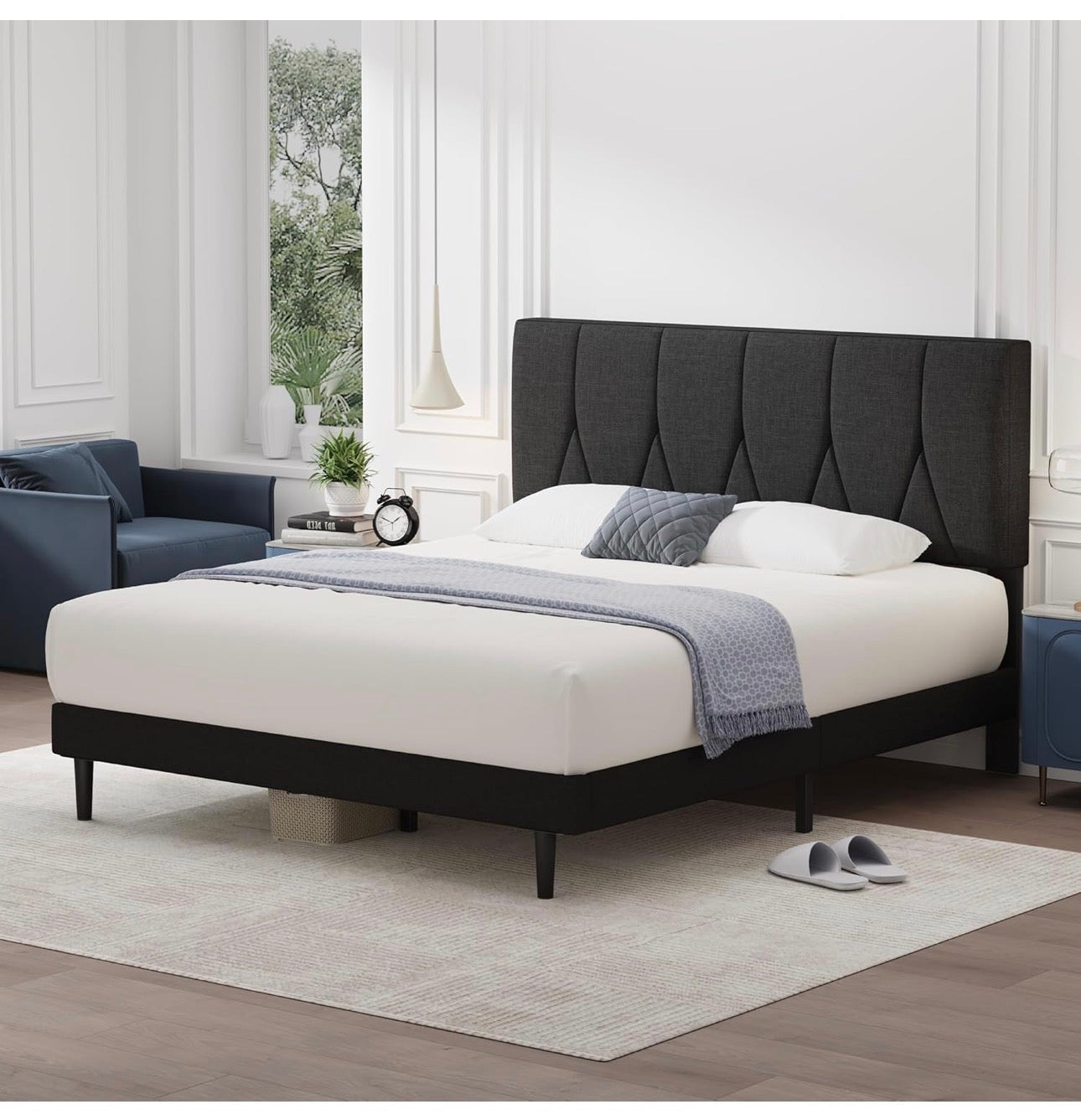 King Bed Frame, Black, Upholstered Wooden Slat Bed Frame with Headboard, Easy Assembly, Underbed Storage, No Box Spring Needed 150×200