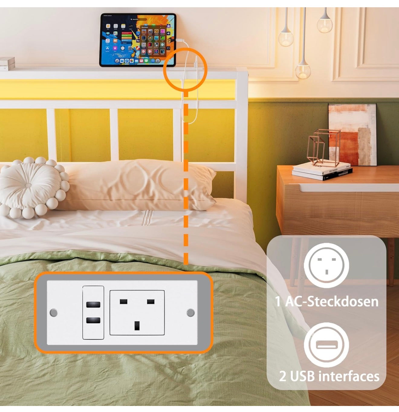 Double Bed Frame with Storage Headboard,4ft6 Bed Frame Double Bed Base with Charging Station and LED Lights