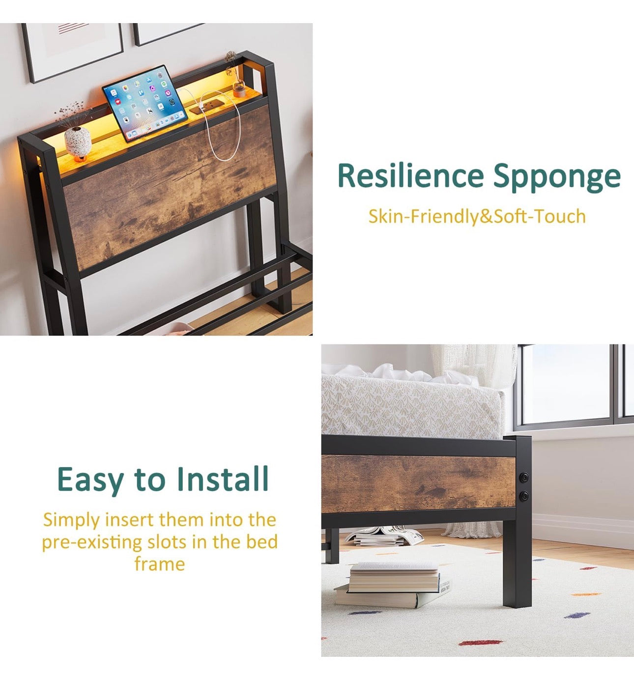 3ft Single Bed Frame with Charging Station and LED Lights, Wood Headboard with Storage Shelves, Heavy Duty Metal Slats, No Box Spring Needed, Noise Free, Easy Assembly,Black