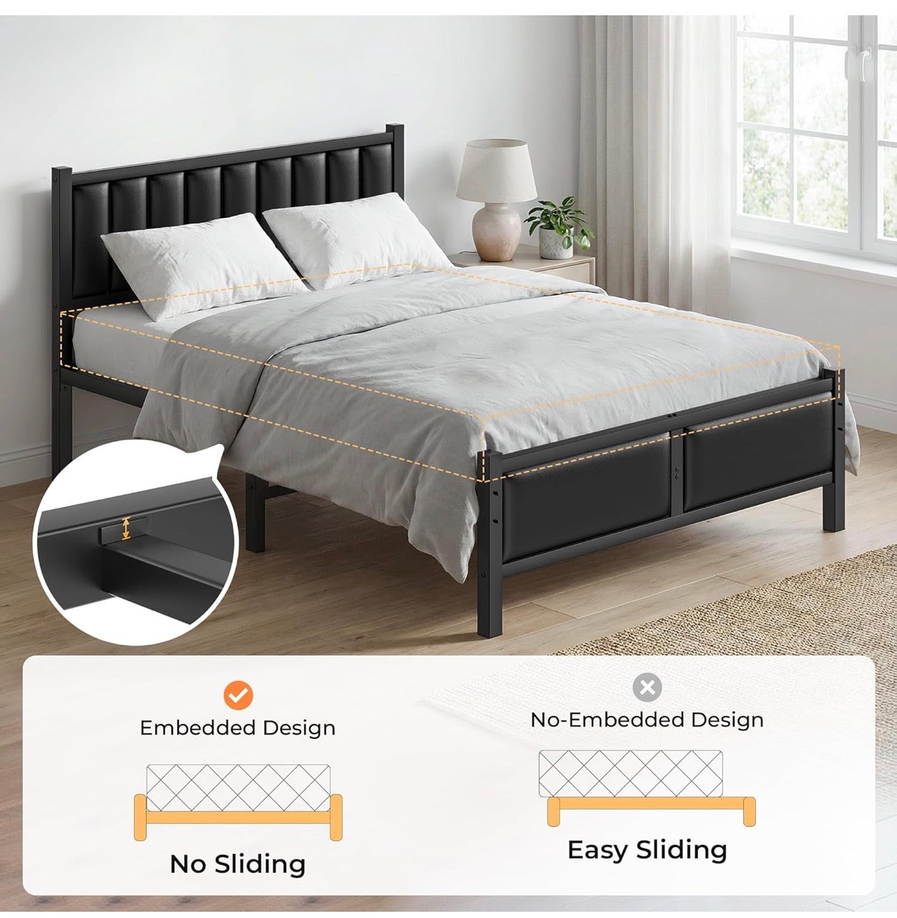 Double Bed Frame with Upholstered Headboard, 4ft6 Metal Beds with Heavy Duty Steel Slats Support Platform, Black Double Bed with Storage, Noise Free, Easy Assembly, No Box Spring Needed