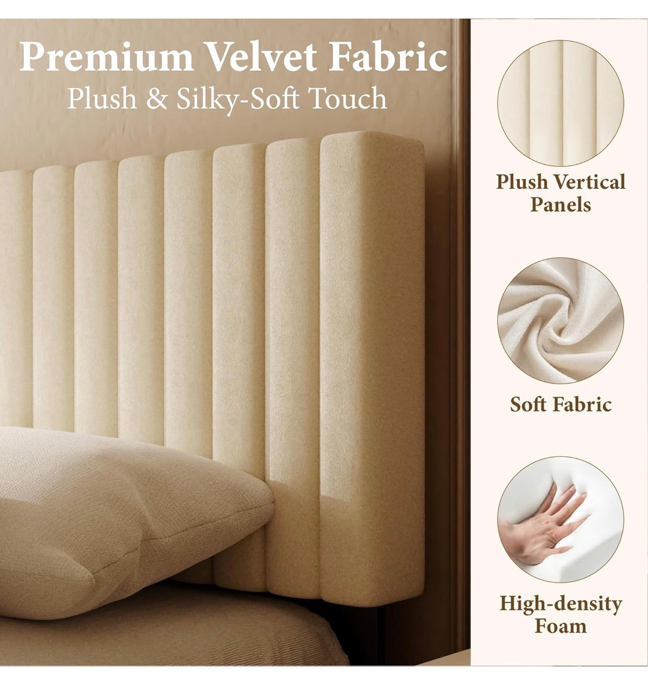 Double Bed Frame with Velvet Upholstered Headboard, King Bed Frame