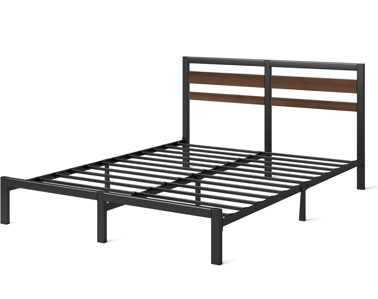 Double Bed Frame with Headboard (135 x 190 cm) – Bamboo and Metal Bed Frame with Steel Slat Support, Easy Assembly – Black & Brown