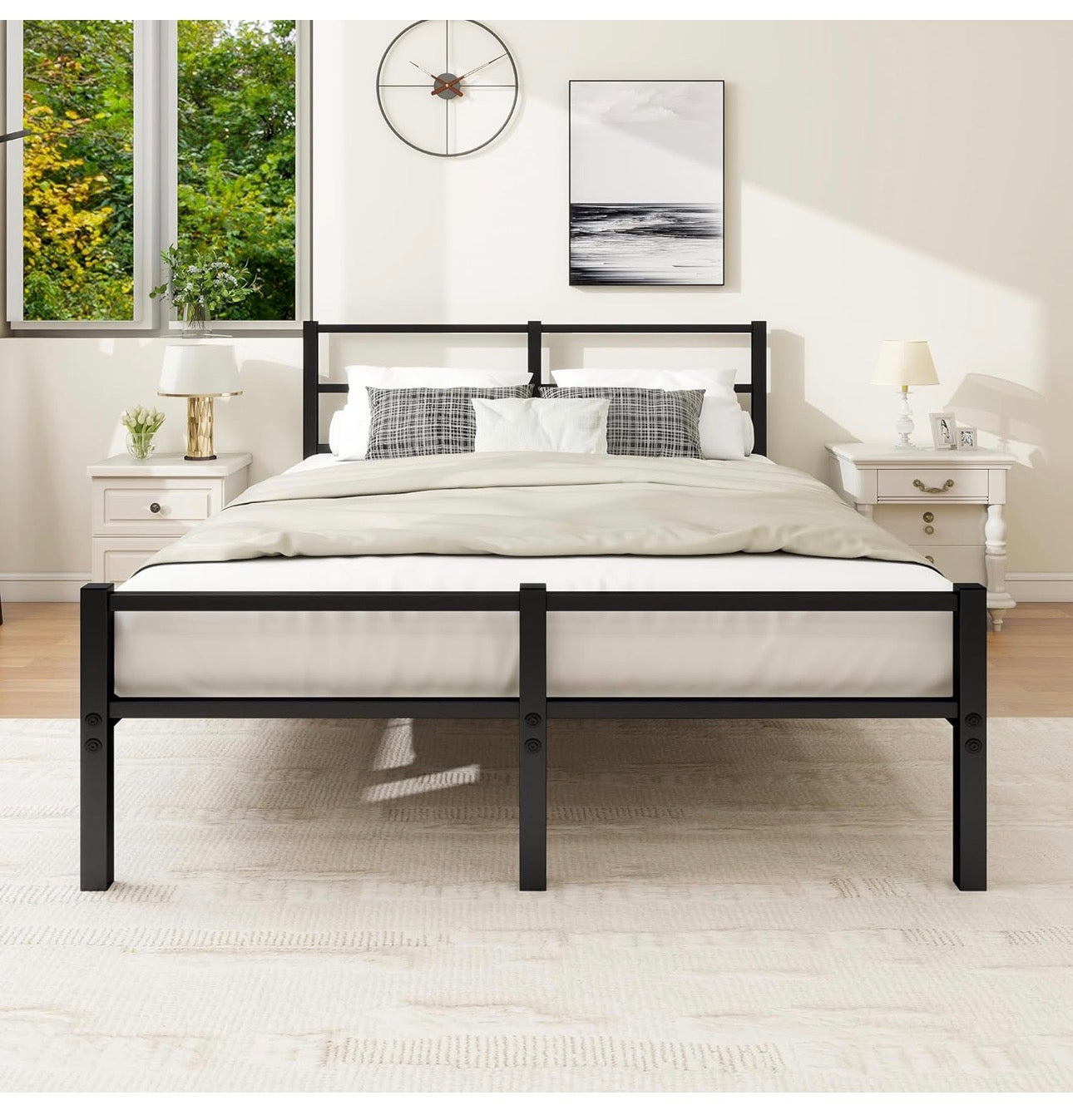 4ft6 Double Bed Frame with Headboard, Metal Slats Support Platform Bed Frames Double Bed with Storage Under Bed, Enhanced Support Stable Easy Assembly, Noise Free, No Box Spring Needed, Black