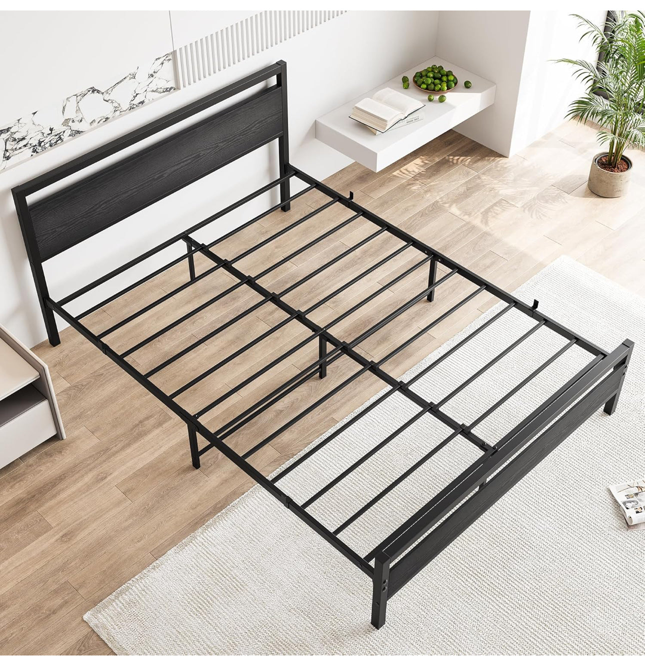 King Size Bed Frame with Wood Headboard,Heavy Duty Metal Platform
