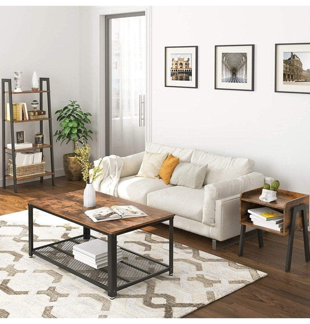 Nightstand, End, Stackable Side, Coffee Table with Open Front Storage Compartment, Retro Rustic Chic Wood Look, Accent Furniture with Metal Legs, Vintage  , 42 x 35 x 52 cm