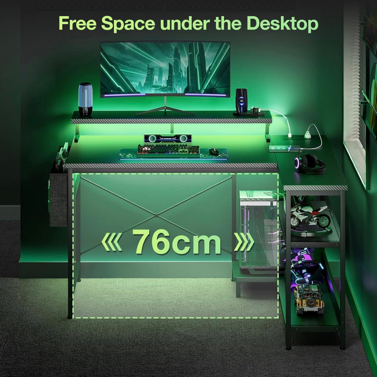 L Shaped Gaming Desk with LED Lights & Power Outlet, 100x70 cm
Carbon Fiber Black Computer Desk with Shelves for Small Spaces, Corner Gaming Table with Monitor Stand for Work Play Office
