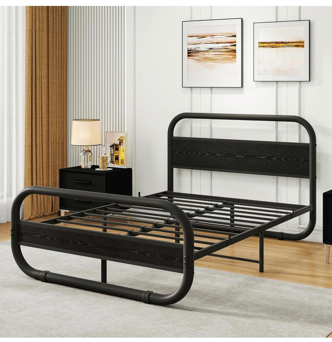 Double Size Bed Frame with Headboard,135x190 cm,Black | Oval-Shaped Platform Bed with Under-Bed Storage,Steel Slats Mattress Foundation Round Pipe Design,Enhanced Support Noise Free