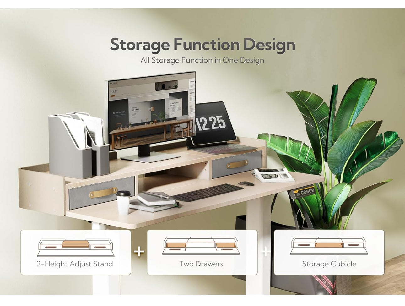 Electric Standing Desk with Drawers, 120x60cm Height Adjustable
