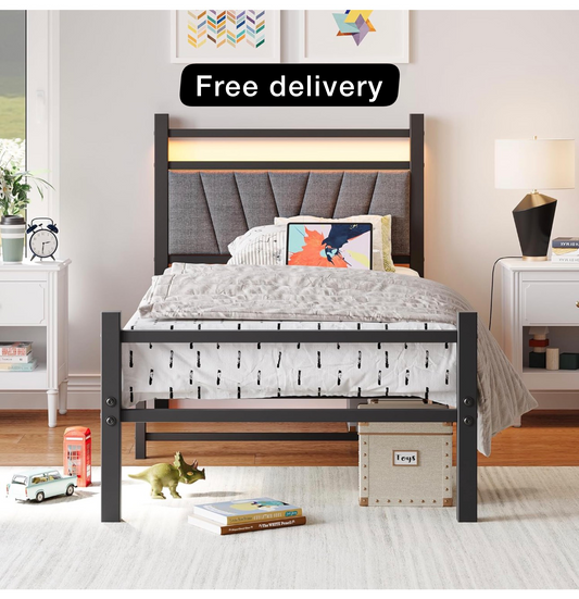 Bed frame with Headboard and USB Charging Station,Heavy Duty Bed Single Size with LED Lights