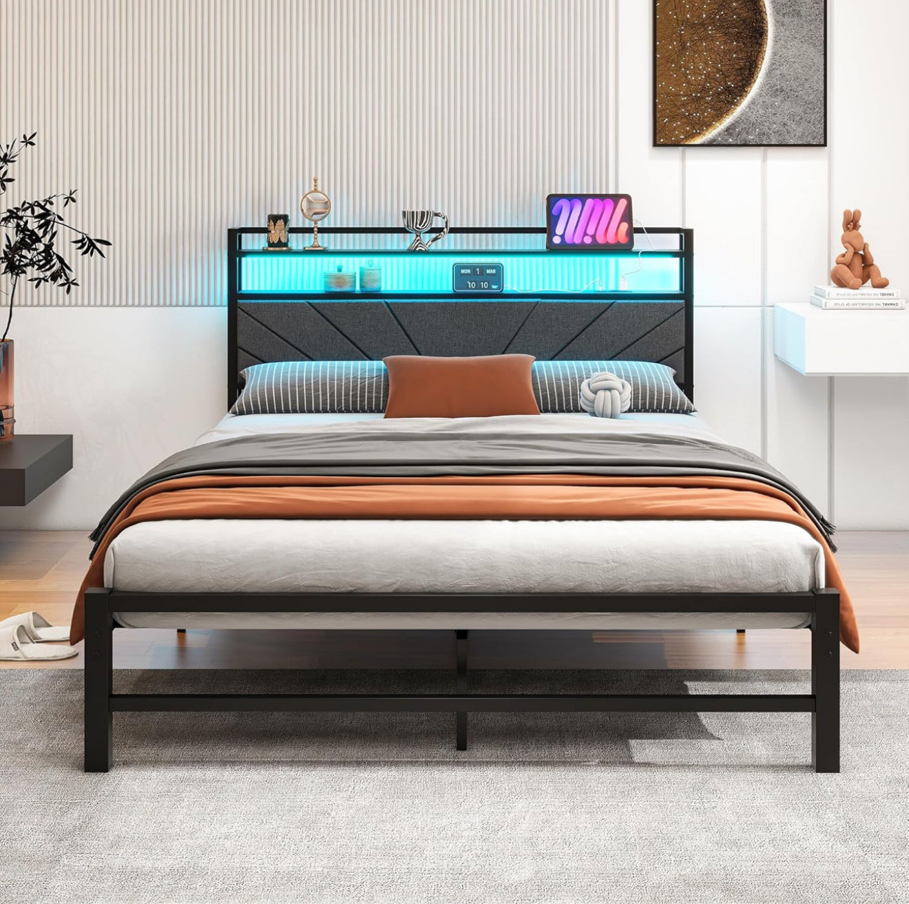 King Size Bed Frame with LED Lights Storage