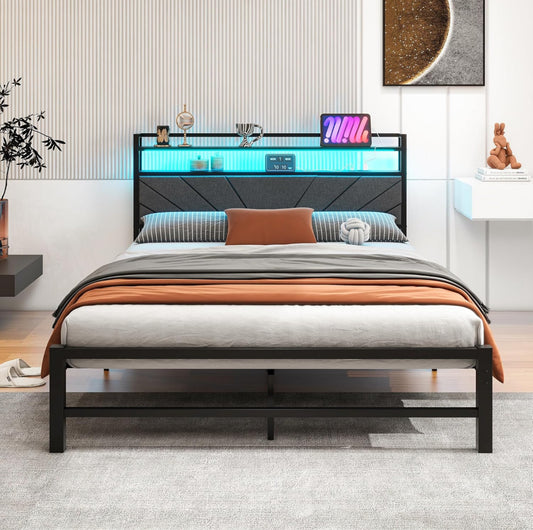 King Size Bed Frame with LED Lights Storage