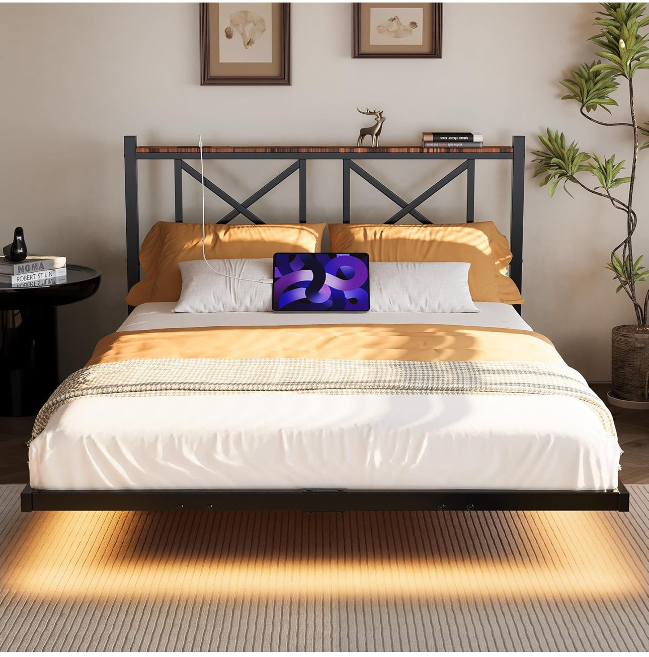 Double Floating Bed Frame with LED Lights and Charging Station