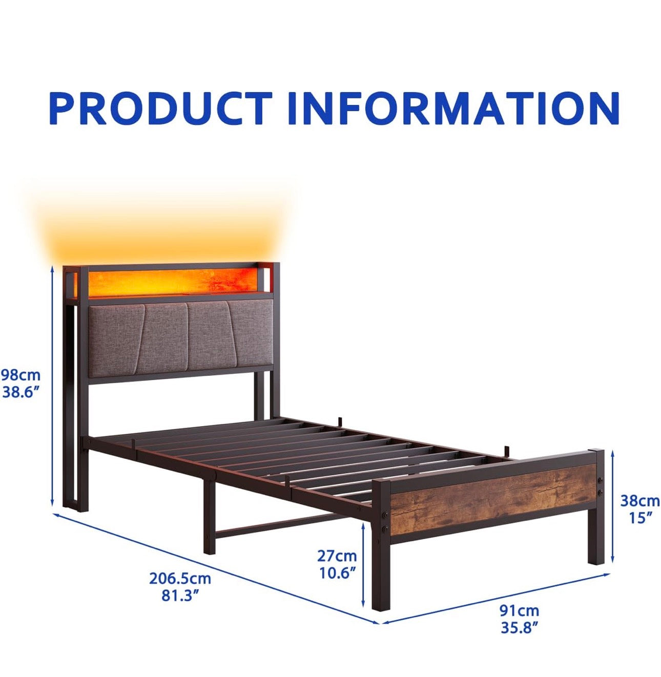 3ft Single Bed Frame with Storage Headboard,LED Lights Brown