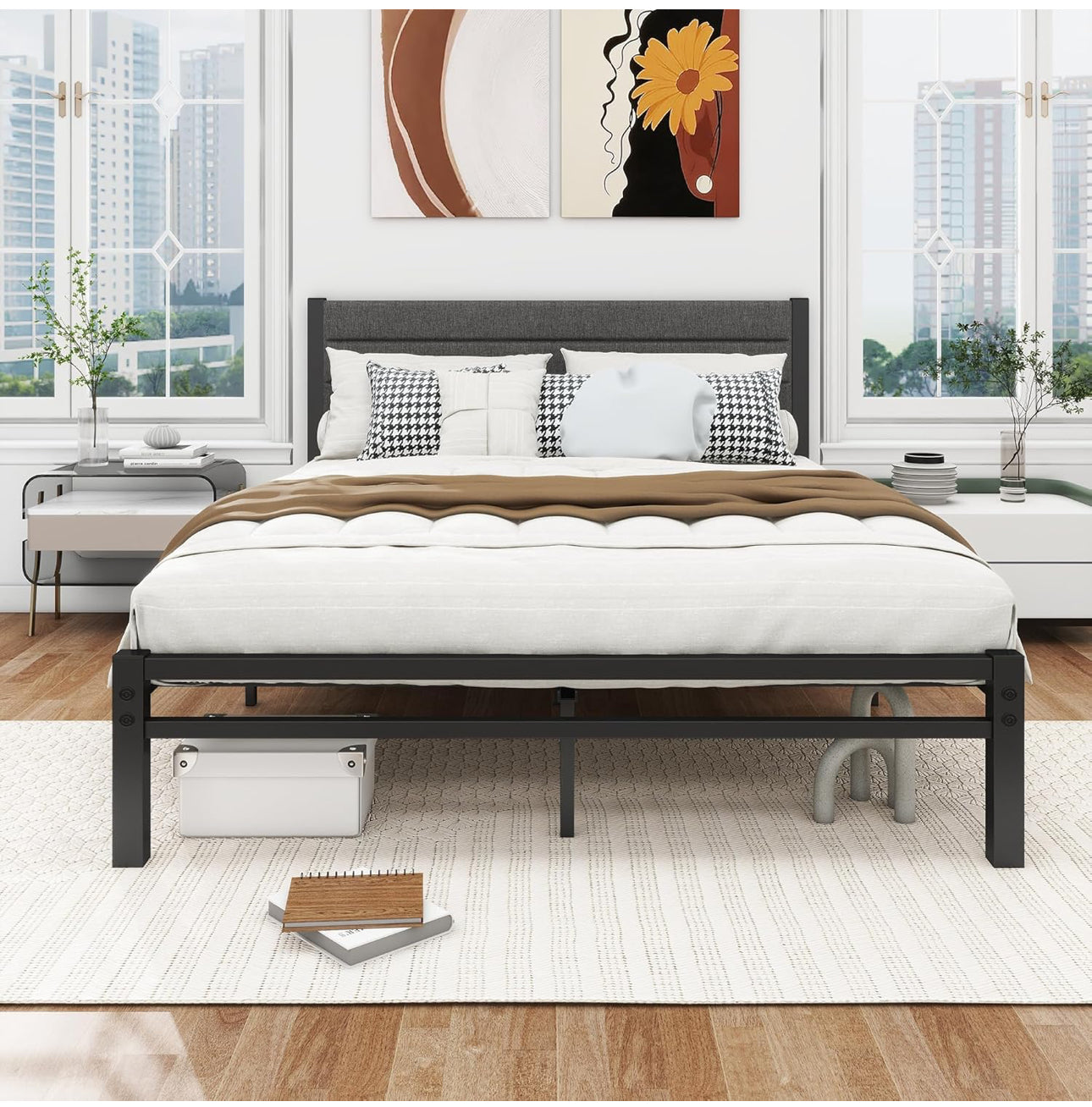 Double Bed Frame with Storage Upholstered Headboard