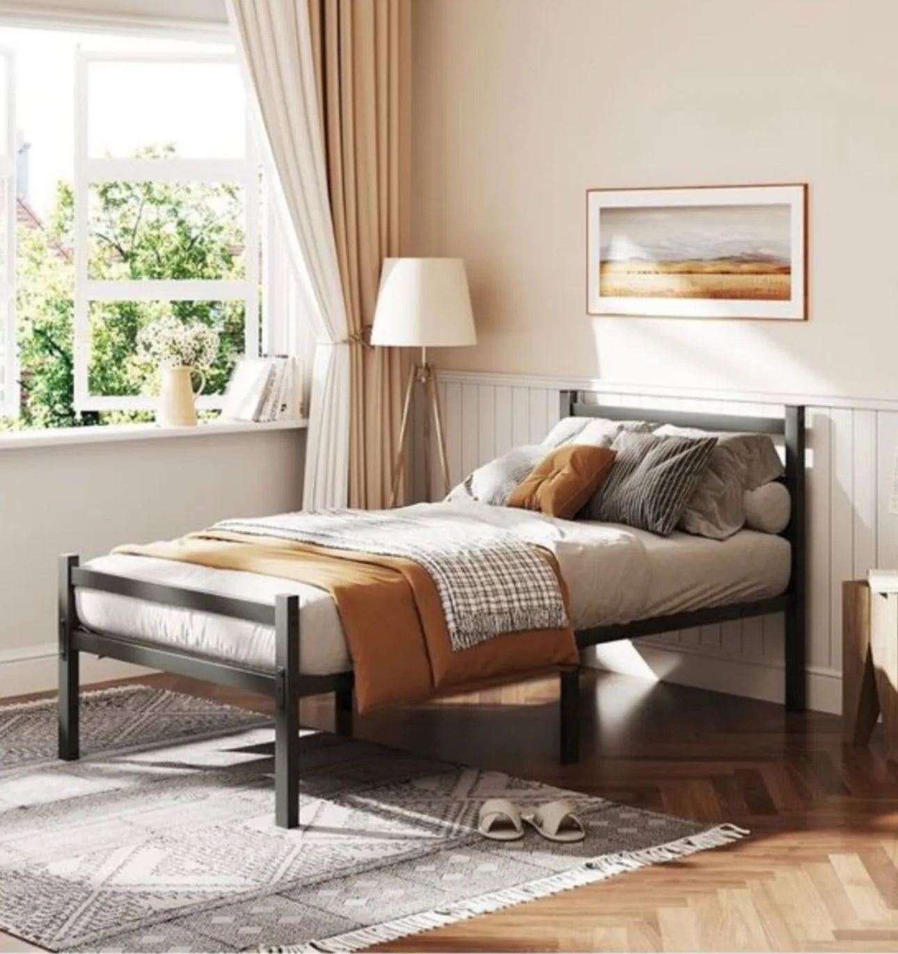 4ft6 Double Bed Frame with Headboard, Black Metal