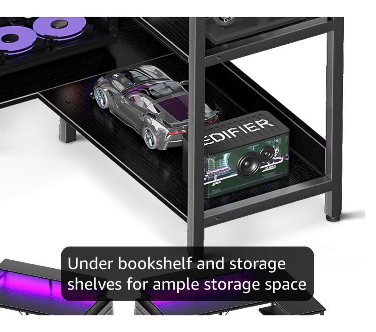 L Shaped Gaming Desk with LED Lights, 120 × 80 cm Computer Desk with Power Outlet, Reversible Corner Gaming Table with Storage Shelves & Monitor Stand, Black