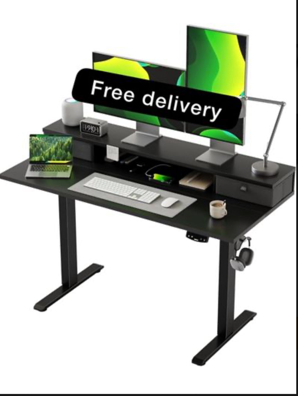 Height Adjustable Desk with Two Drawers, 120 x 60 cm Electric Computer Desks with Memory Function