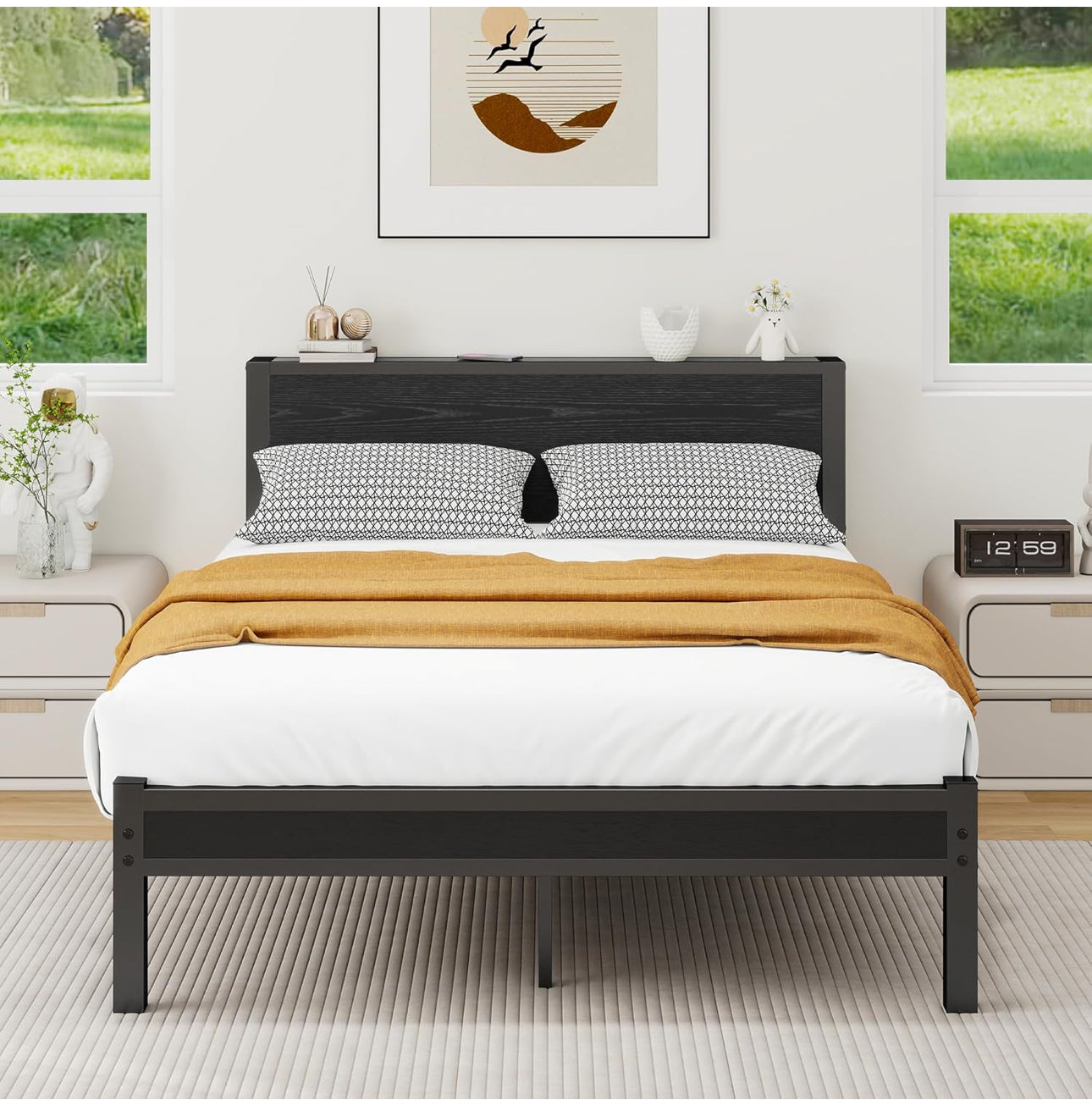 Double Bed Frame with Wooden Storage Shelf Headboard