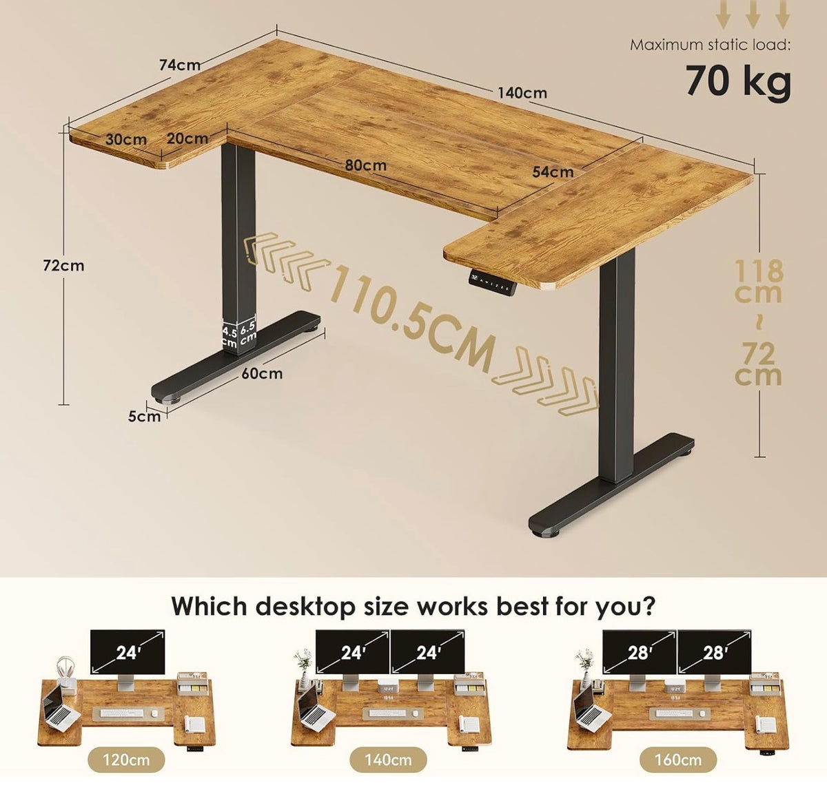140×70cm Electric Sit Stand Desk, Ergonomic Wrap Around Computer Table, Ultra Quiet Motor for Home Office Living Room, Brown