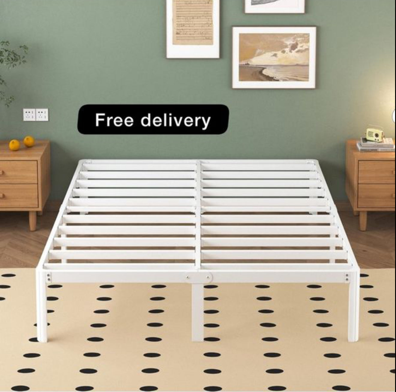 White Double Bed Frame 30.5 cm High with Rounded Corner Legs, 4ft 6 Heavy Duty Metal Bed Frame
