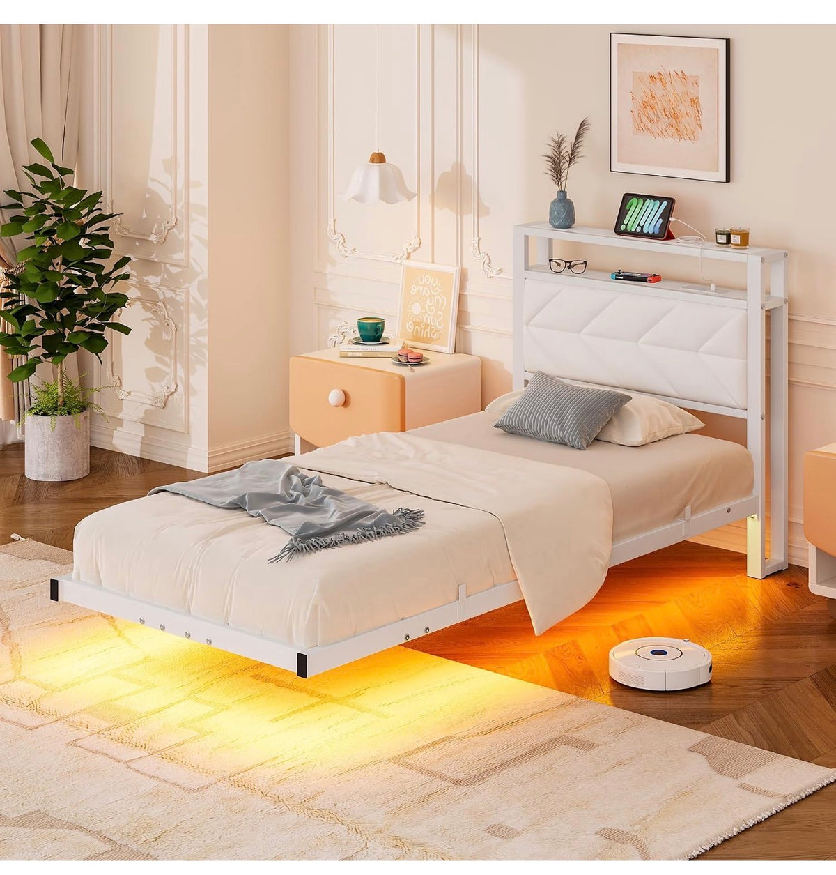Metal Bed Frame with LED Lights and Charging Station, Heavy Duty Metal Slat Support, Noise Free, No Box Spring Needed