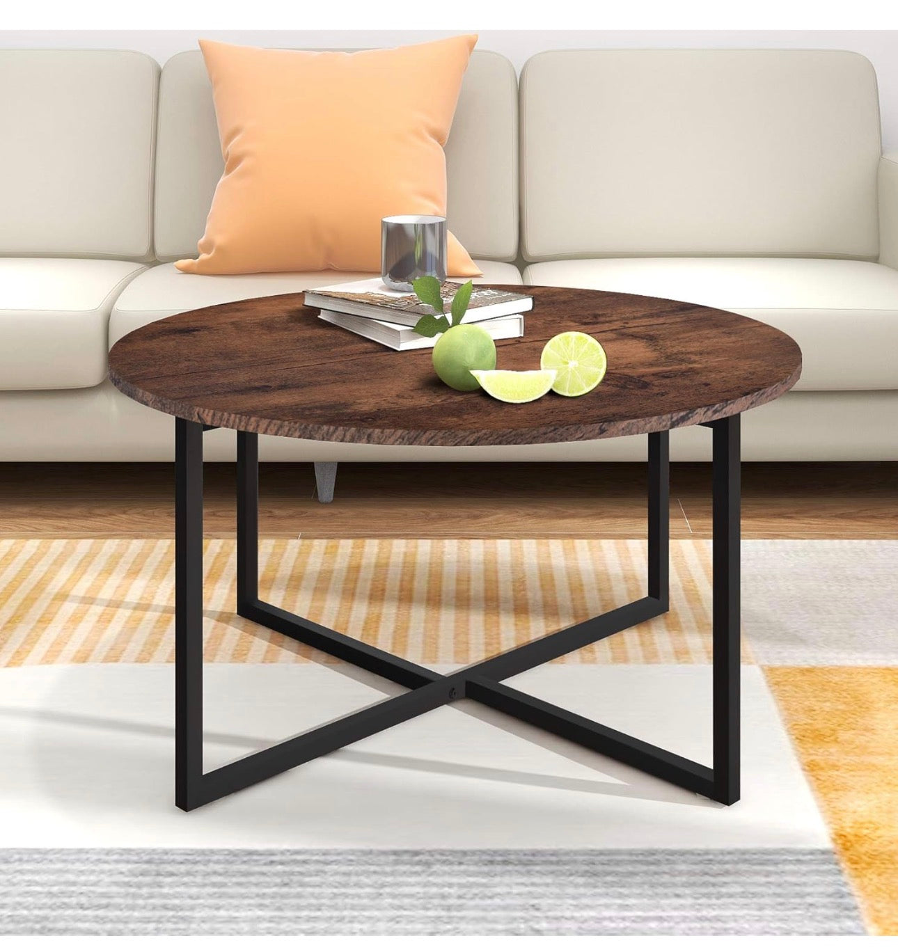 Round Coffee Table Tea Table End Table Sofa Table for Living Room with Metal Legs, Black+Brown oak