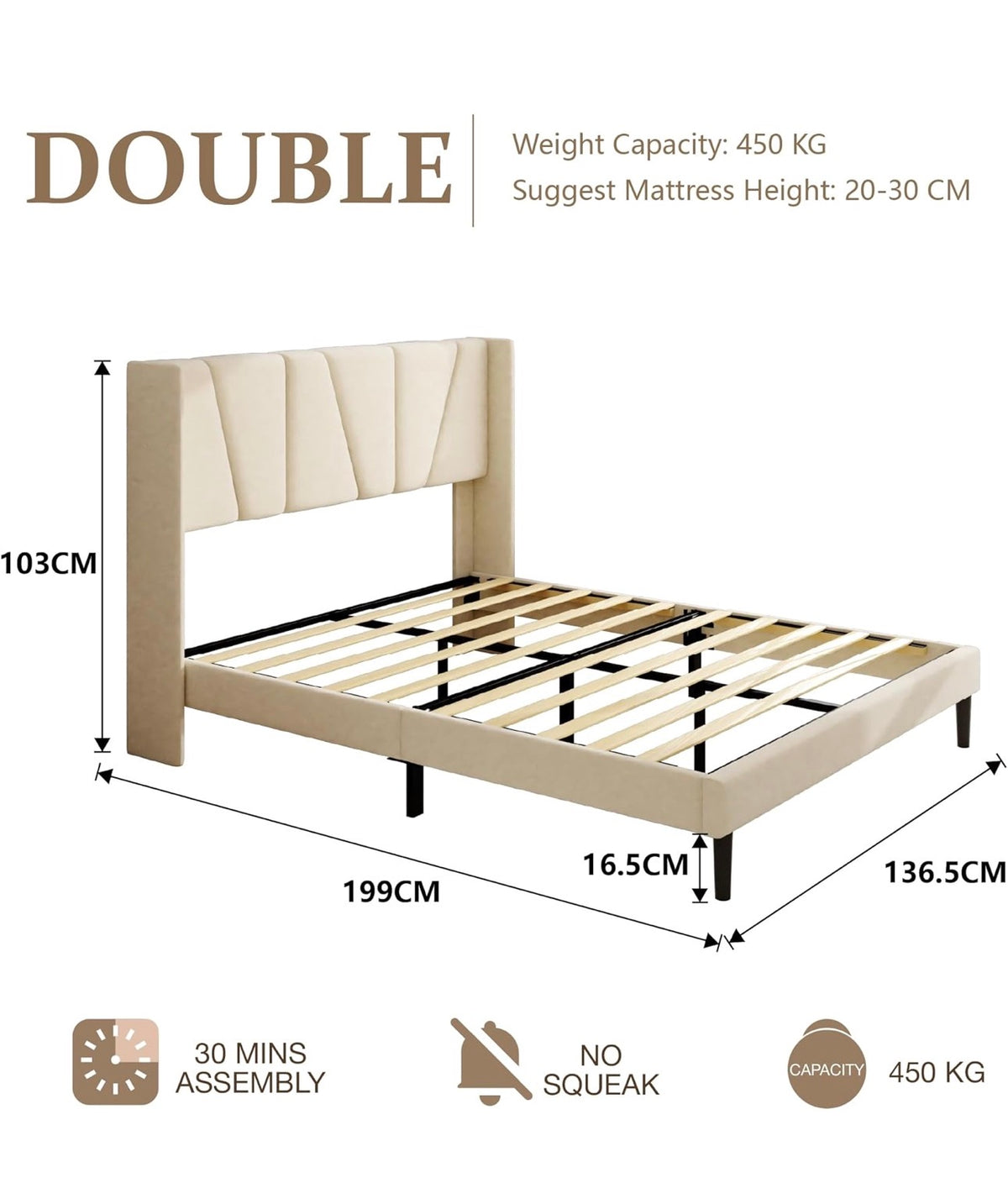 Upholstered Platform Bed Frames, Contemporary Mattress Foundation, No Box Spring Needed, Noise Free, Easy Assembly, Beige