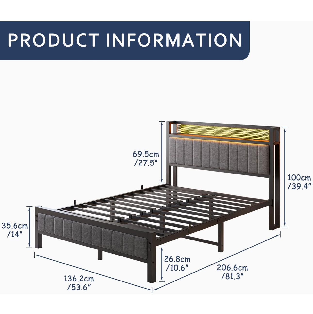 4ft6 Upholstered Bed Frame Double Bed with Charging Station
