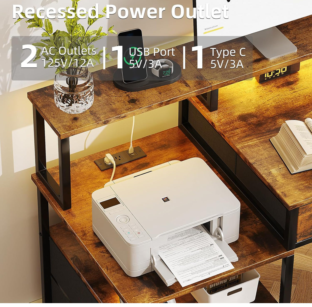 135cm Computer Desk with Power Outlet and Charging